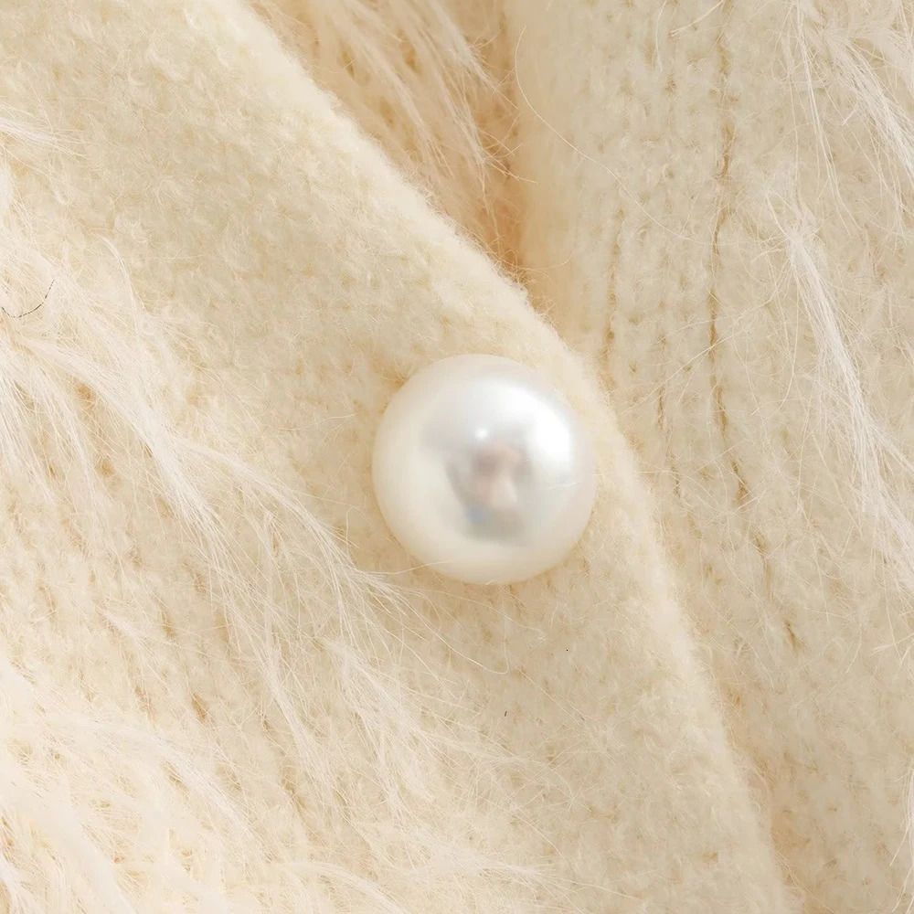 Aoaiys Knitted Open Knitted Woolen Sweater Womens V-neck Sweater Autumn Winter Pearl Single breasted Coat Fashion Long Sleeve Loose Unique Coat 241019
