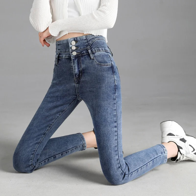 Highquality Vintage Highwaist Stretch Skinny Jeans Fashion Button Pencil Pants Mom Casual 241007