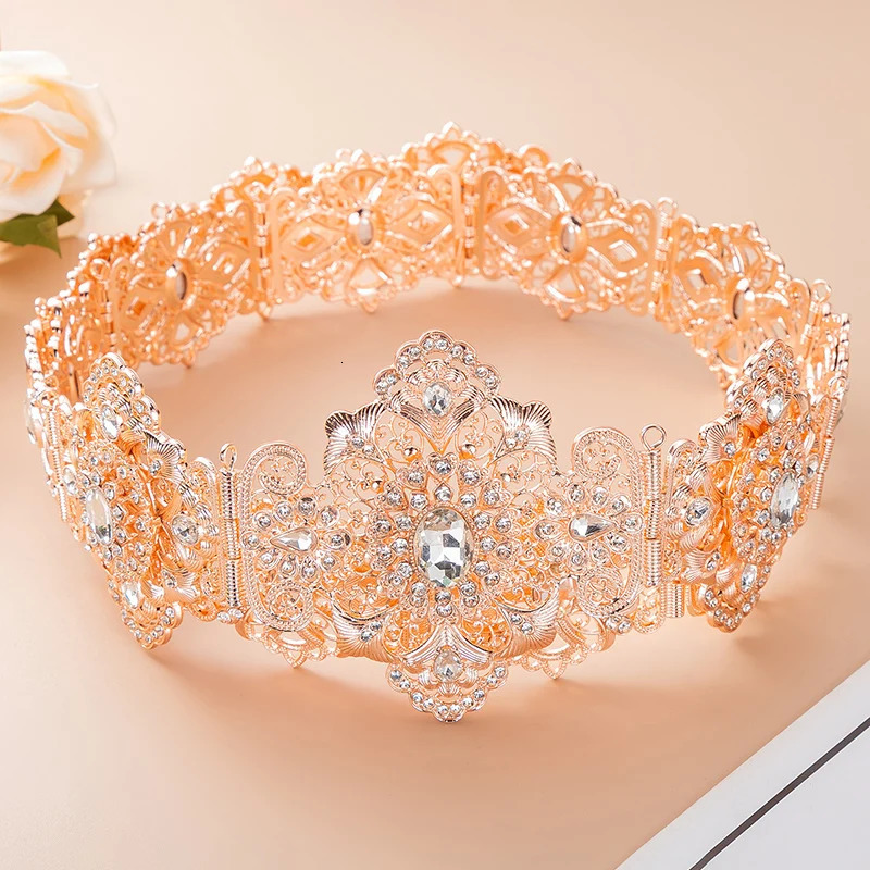 Gold Moroccan Style Bridal Crystal Belt with Hollow Flowers Arad Wedding Derss Anniversary Kaftan Waist Chain Jewelry 241019