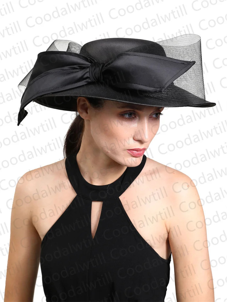 Womens Chruch Satin Fedora Hat Womens Elegant Wedding Fascinator Bow Party Chapeau Womens Retro Chapeu Marca de Luxo 241019