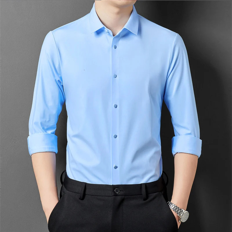 Mens high-quality solid high elasticity seamless comfortable long sleeved slim fit casual business formal dress 241007