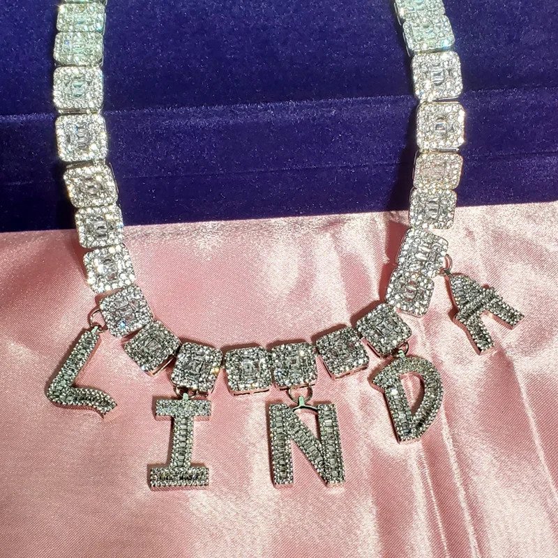 Grandbling Unique Baguettes Chain Hang Iced Out Letters Name Pendant Hip Hop Jewelry 241019