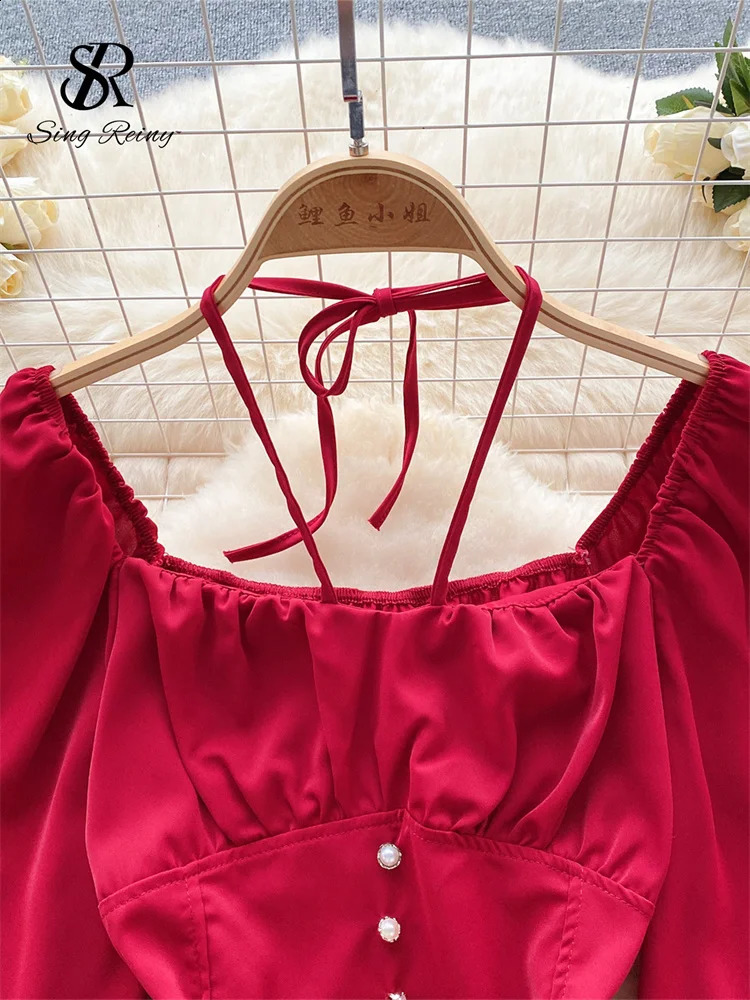 SINGREINY Women Halter Vintage Slim Blouse Autumn Squre Neck Long Sleeves Elastic Waist Chic Top Korean sweet OL Shirt 241019