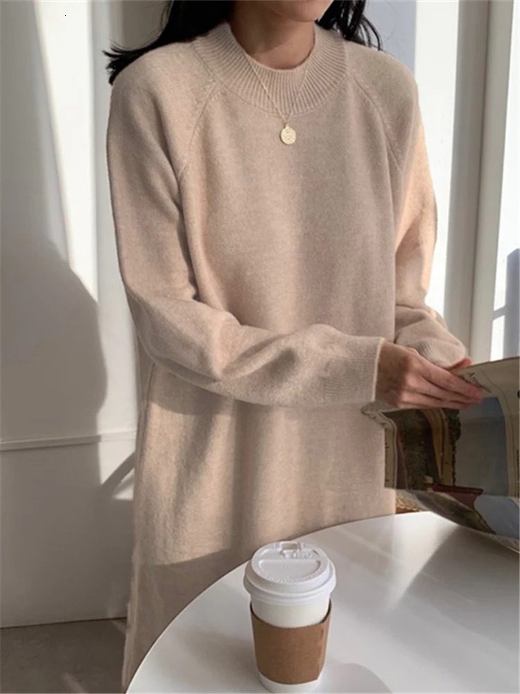 REALEFT Autumn Winter 2023 ONeck Casual Loose Knitted Dress Female Straight Long Sleeve Oversize Sweater Womens 241007