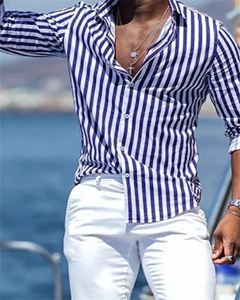 Fashionable Mens Long Sleeve Striped Printed Mens Social Mens Wear Hawaiian Elegant Classic Fashion S-5XL 241007