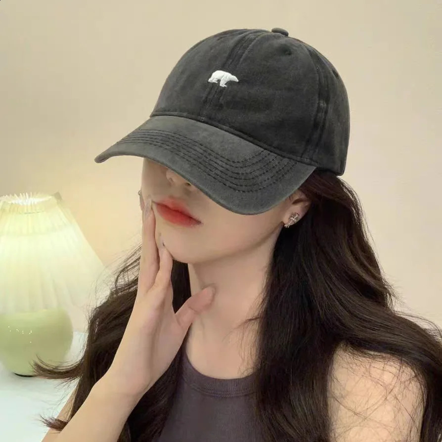 Polar bear embroidered baseball cap women washed letter soft cap male Korean retro student hat 241009