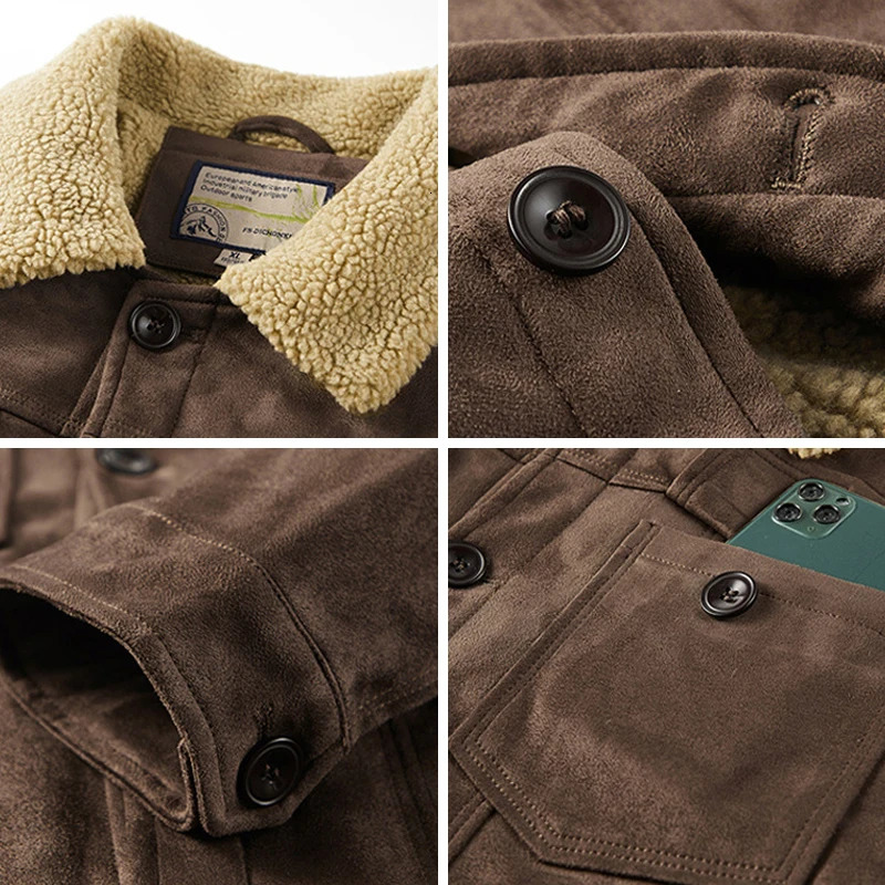 Needlesnoah Autumn Mens Warm Pilot Jacket Wool Suede Thick Coat Mens Single Chest Classic Parkas Fashion Windproof Machine 241007