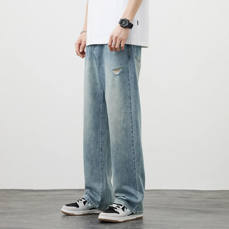 Mens Baggy Jeans Straight Ripped High Street Vintage Y2k Pants Fashion Frayed Distressed Denim Trousers Male Clothes 241009