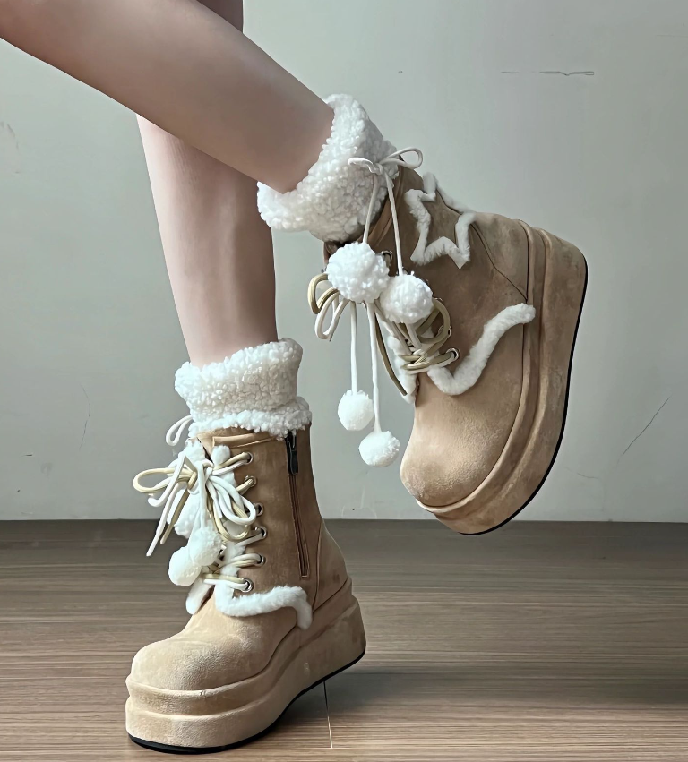 Women's 2024 Winter Fleece Star Print Fashion Boots: Warm, Trendy, Versatile, Thick Sole, Height Increase, Khaki e7d9