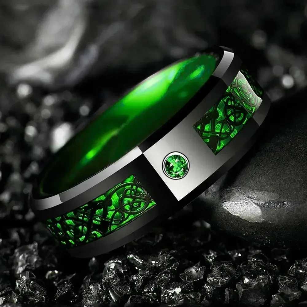 Fashionable 8mm black tungsten wedding Celtic dragon ring inlaid with green zircon ring mens stainless steel purple carbon fiber ring Y241019
