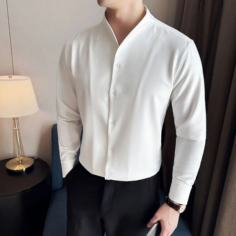 Mens V-neck shirt Spring British style wrinkle resistant soft solid casual elastic slim fit long sleeved mens clothing 241007