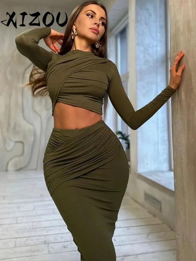 XIZOU Pleated Two 2 Piece Sets Womens Outfits Round Neck Irregular Tank Tops and Long Casual Skirt Female Party Matching Set 241019