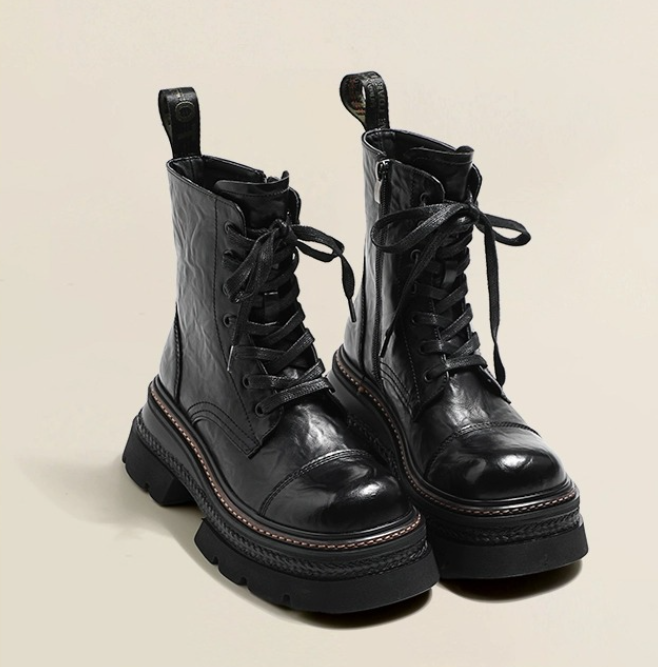 Stylish Women's Fashion Boots: Thick Sole Height-Enhancing Winter Footwear in Triple Black and Brown 8233