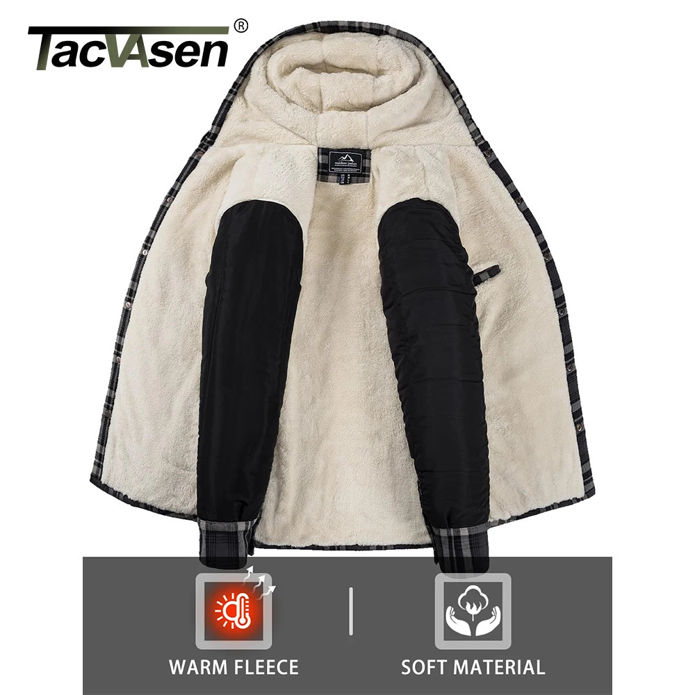 TACVASEN thick warm flannel hooded jacket mens Sherpa wool lining winter coat button casual plain jacket with 5 pockets 241007