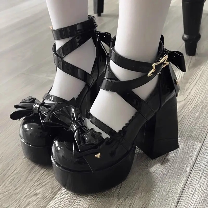 Lolita shoes womens high heels womens thick sandals summer Mary Janes PU leather shoes retro bow party platform pump 241019