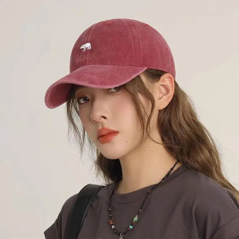 Polar bear embroidered baseball cap women washed letter soft cap male Korean retro student hat 241009