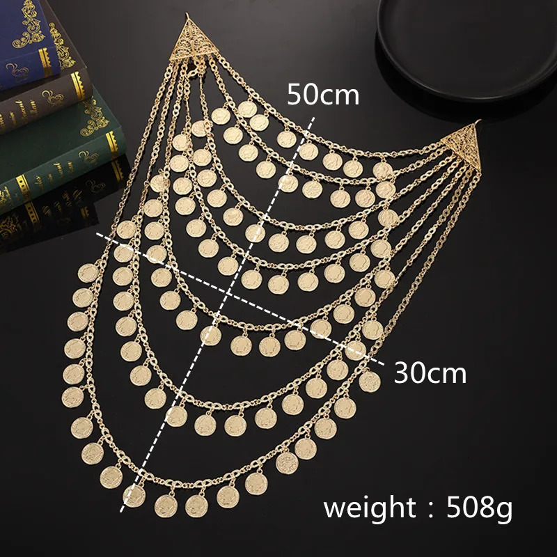 Algerian Caftan bridal jewelry multi chain handmade coin necklace head chest chain Arabic wedding dress body jewelry 241019