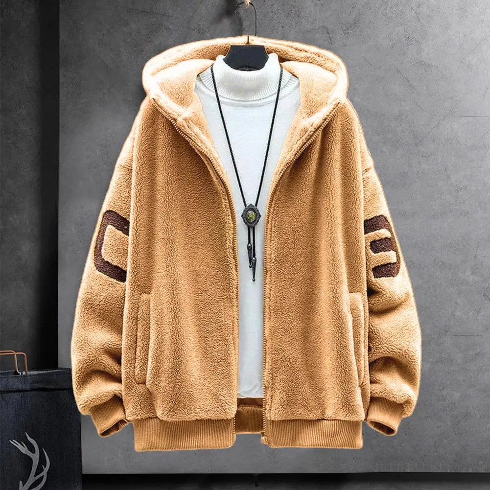 Artificial Sherpa Thick Mens Jacket Zipper Pocket Hooded Jacket Casual Thick Sherpa Lining Warm Mens Jacket 241007