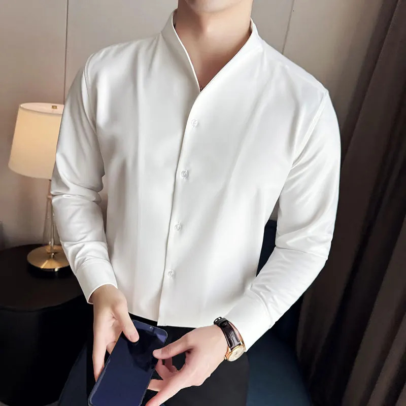 Mens V-neck shirt Spring British style wrinkle resistant soft solid casual elastic slim fit long sleeved mens clothing 241007