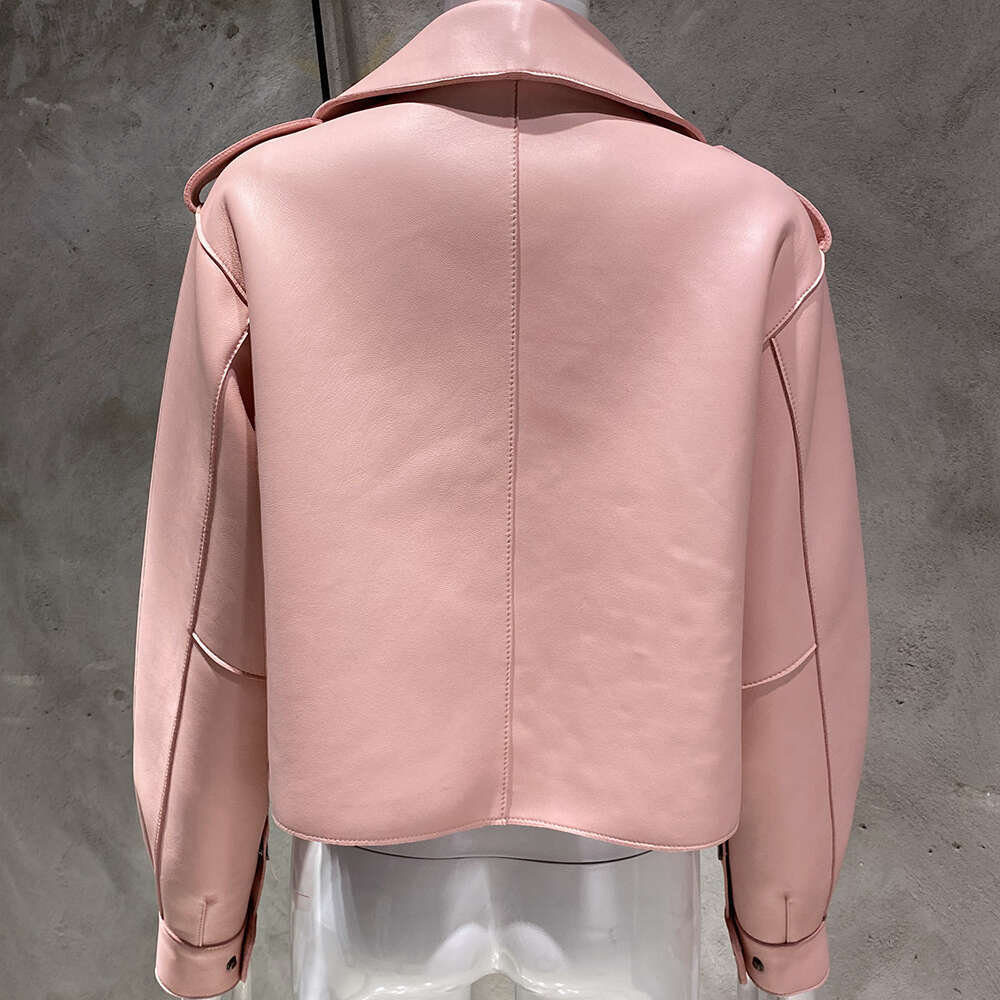 Yoloagain Women's Oversized Real Long Sleeve Pink Leather Jacket Ladies 250526
