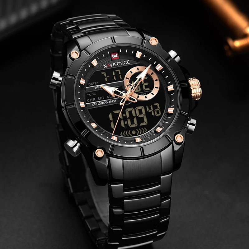 NAVIFORCE Top Quartz Watch for Mens Business Steel Waterproof Sports Dual Display Military LED Digital Watch 241019