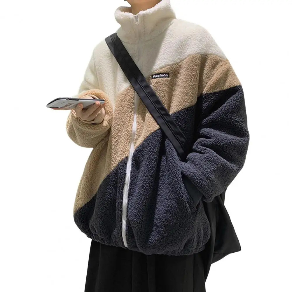 Mens jacket autumn winter stand up collar long sleeves patchwork colorful cardigan wool sweater loose fit imitating Sherpa jacket 241007