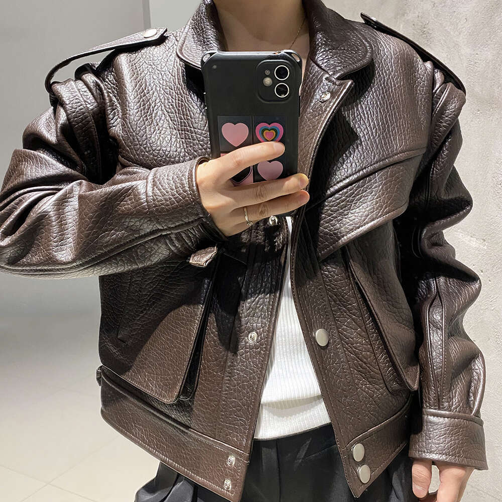 Yoloagain High Quality Dark Brown Real Leather Women Sheepskin Biker Jacket Female 2024 Autumn