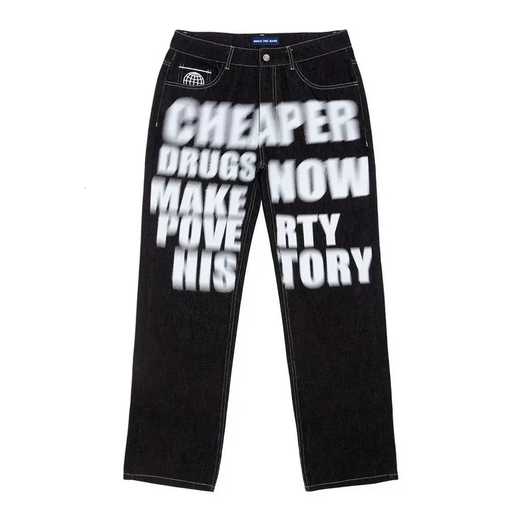 Fashionable punk letter printed black pants mens hip-hop trend Y2K jeans loose straight wide leg mens streetwear 241019