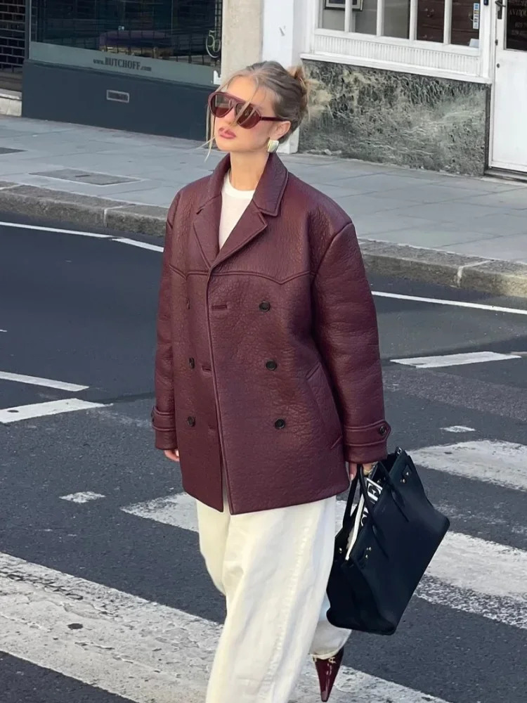 Fashion Burgundy Leahy Leather Jacket Womens Double Collar Shoulder Cushion Coat Womens Fashion Street Coat 241019
