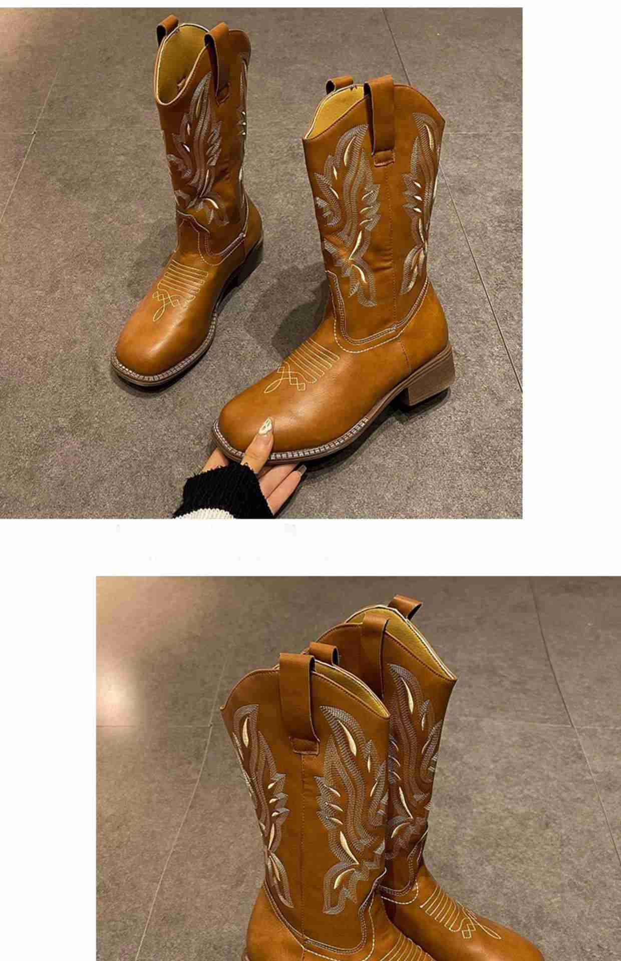 Fashion Boots Versatile Western Cowboy Boots Summer Thick Heel Ankle Boots Embroidered Sleeve Knight Boots Midsole Square Toe Martin Boots 241008
