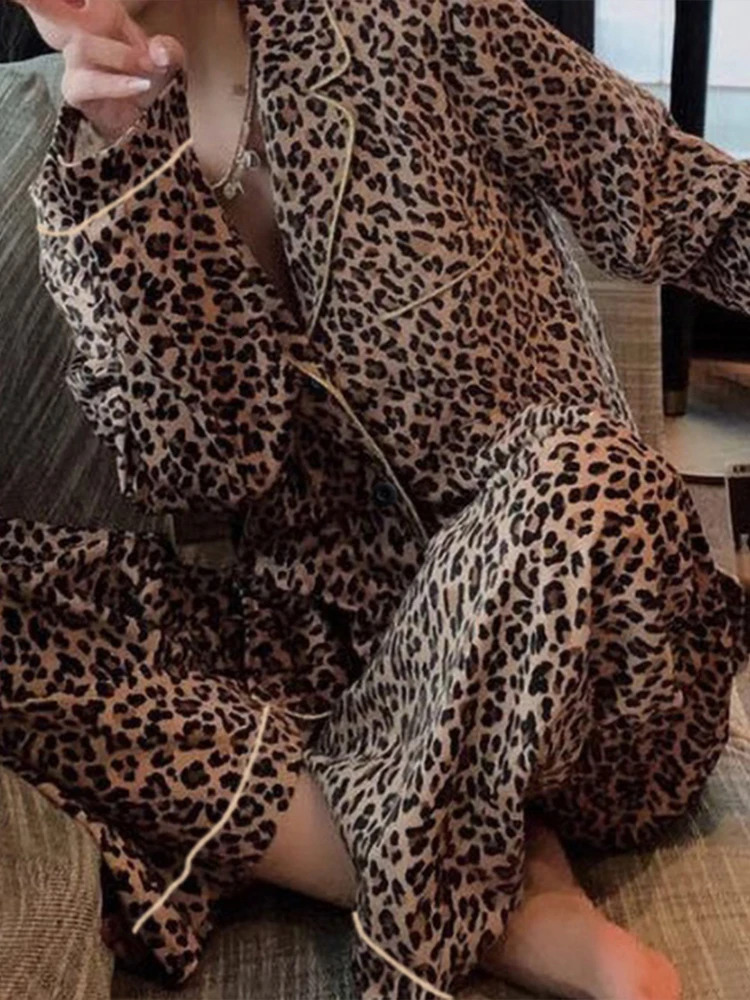 fashion 2025 Korean Fashion Leopard Cardigan Leisure Wear Women Nightgown Cosplay Sexy New Autumn Winter Casual Pama Sets