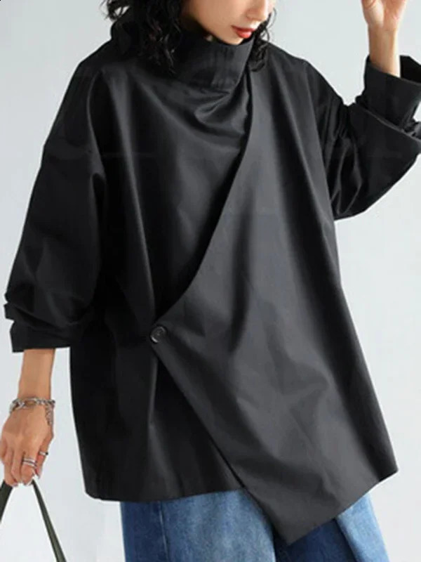 Gymystars Black Long Sleeves Loose High Neck T-Shirts Tops Womens Spring Autumn Buttoned Casual Simpie Top 241019