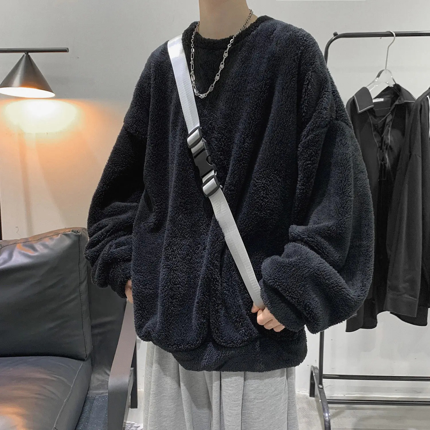 Flannel Plush Youth Men Sweatshirt Autumn Winter Clothes O Neck Japanese Style Fashion Thicken Daily Warm Pullover Coat 241010