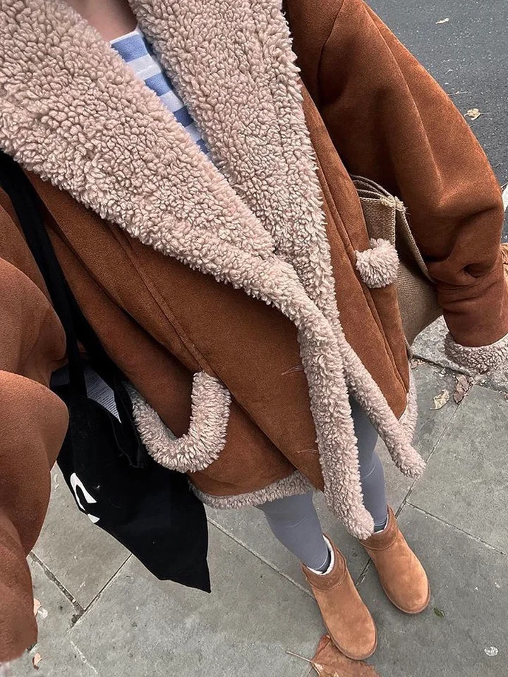 Womens Winter Artificial Wool Sheepskin Leather Jacket Womens Thick Warm Suede Sheepskin Motorcycle Brown Coat Loose Jacket 241007