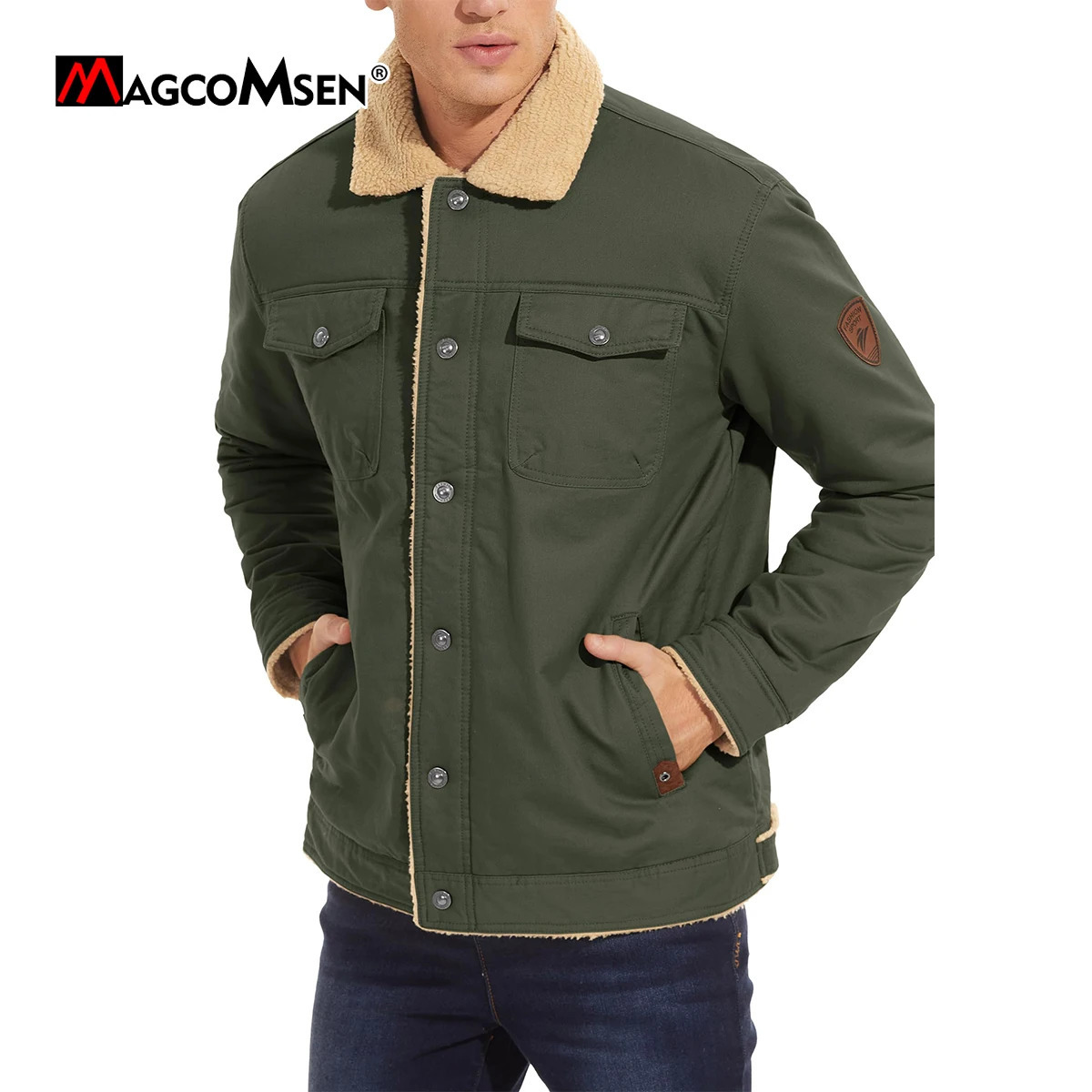 MAGCOMSEN Mens Winter Jacket Series Sherpa Jacket Warm Truck Jacket Multi Pocket Cargo Collar Park Work Jacket 241007