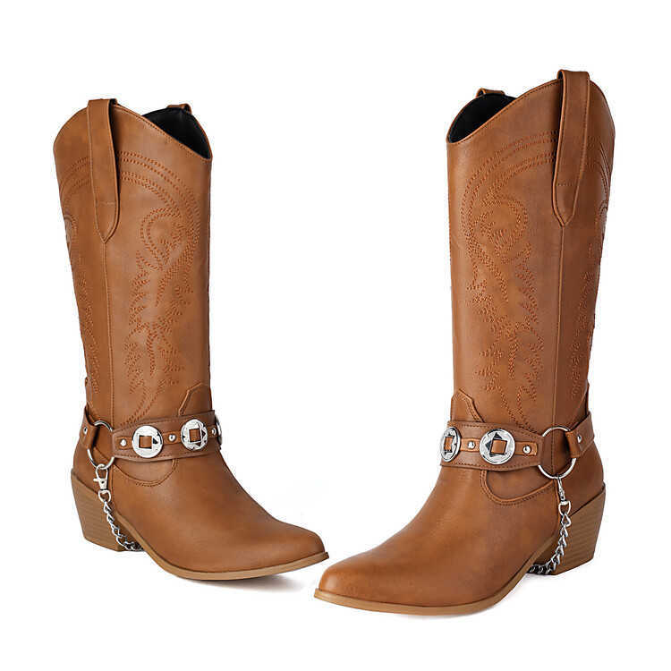 Fashion Boots Metal Chain Embroidered Western Boots Autumn New Style Pointed Toe Thick Ankle Boots Heel High-heeled Midsole WoMens Boots 241008