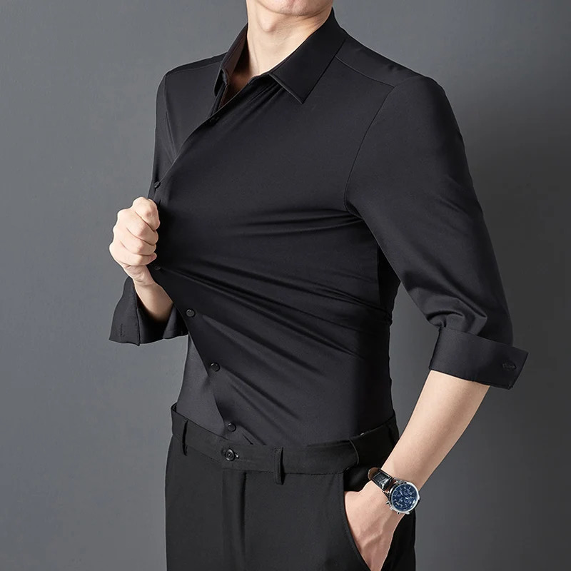 Mens high-quality solid high elasticity seamless comfortable long sleeved slim fit casual business formal dress 241007
