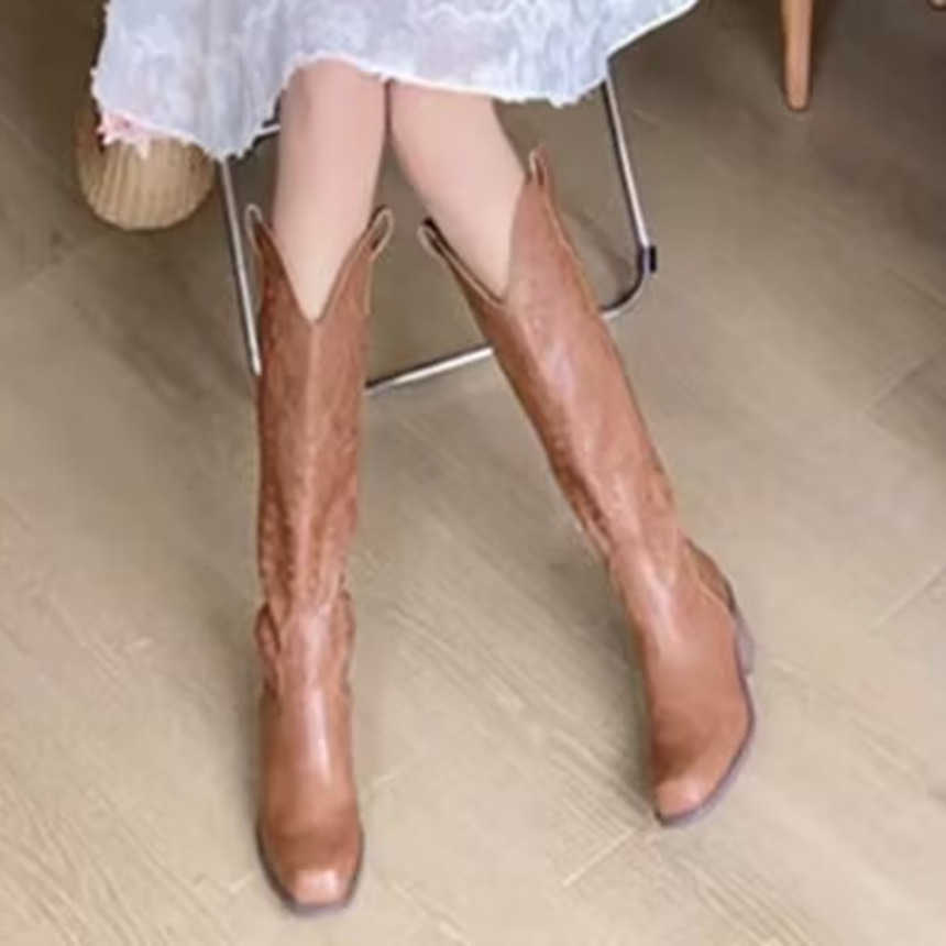 Fashion Boots Western High-heeled Cowboy Boots Female Knight Boots Pointed Brown Thick Heel Ankle Boots Long Boots 241008