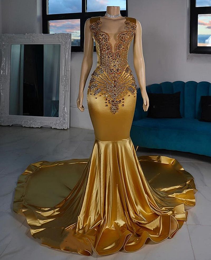 Urious Gold Crystals Beaded Mermaid Prom Dresses Jewel Neck Sleeveless Long Celebrity Party Gown African Evening Formal Dress 2025