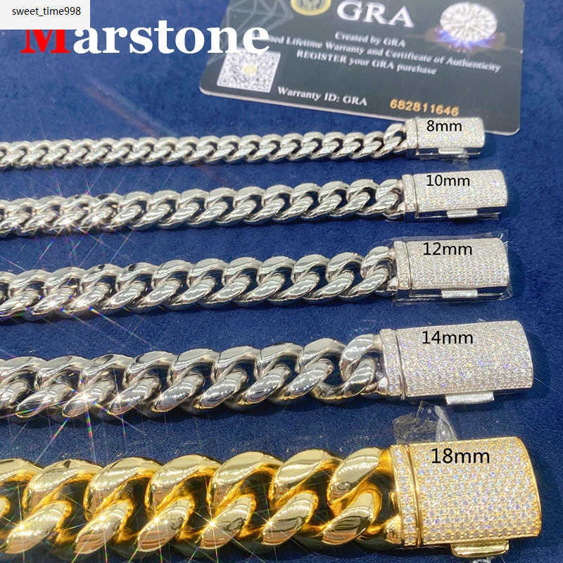 10MM Moissanite Sliver Buckle Stainless Steel Cuban Mens Chain Plated 16K White Gold Bracelet Necklace for Men