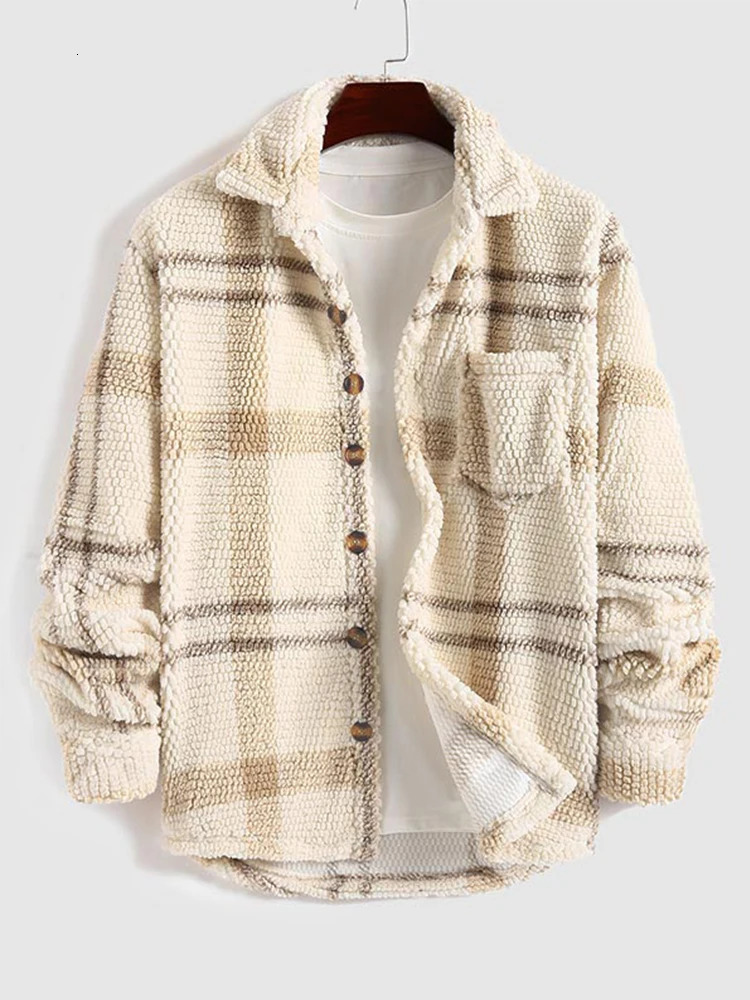 Mens retro plain collar jacket with long sleeved Sherpa jacket pocket warm mens shirt 241007