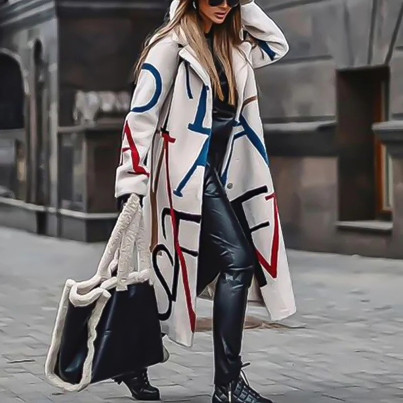 Fashion autumn and winter womens clothing button windproof machine plaid long sleeved lapel jacket printed wool coat 241019