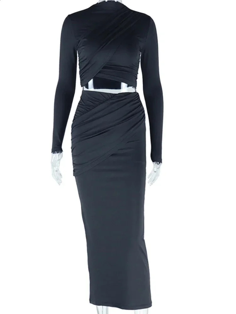 XIZOU Pleated Two 2 Piece Sets Womens Outfits Round Neck Irregular Tank Tops and Long Casual Skirt Female Party Matching Set 241019