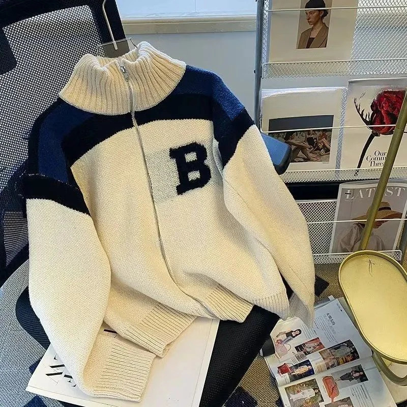 Winter Standup Collar Contrasting Large Size Knitted Cardigan Mens Loose Casual High Street Personalized Longsleeved Jackets 241009
