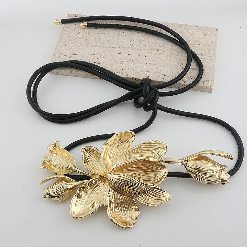 Exaggerated ZAA metal tulip waist chain leather belt 241019