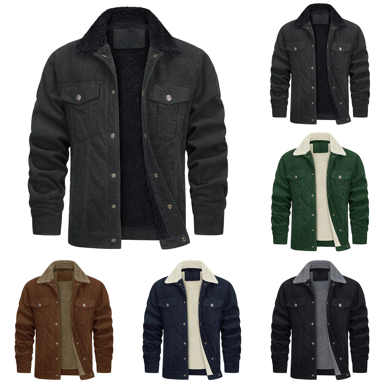 Thick wool lined mens denim jacket with Sherpa lining winter jacket with lapel fashionable solid color multi pocket jacket 241007