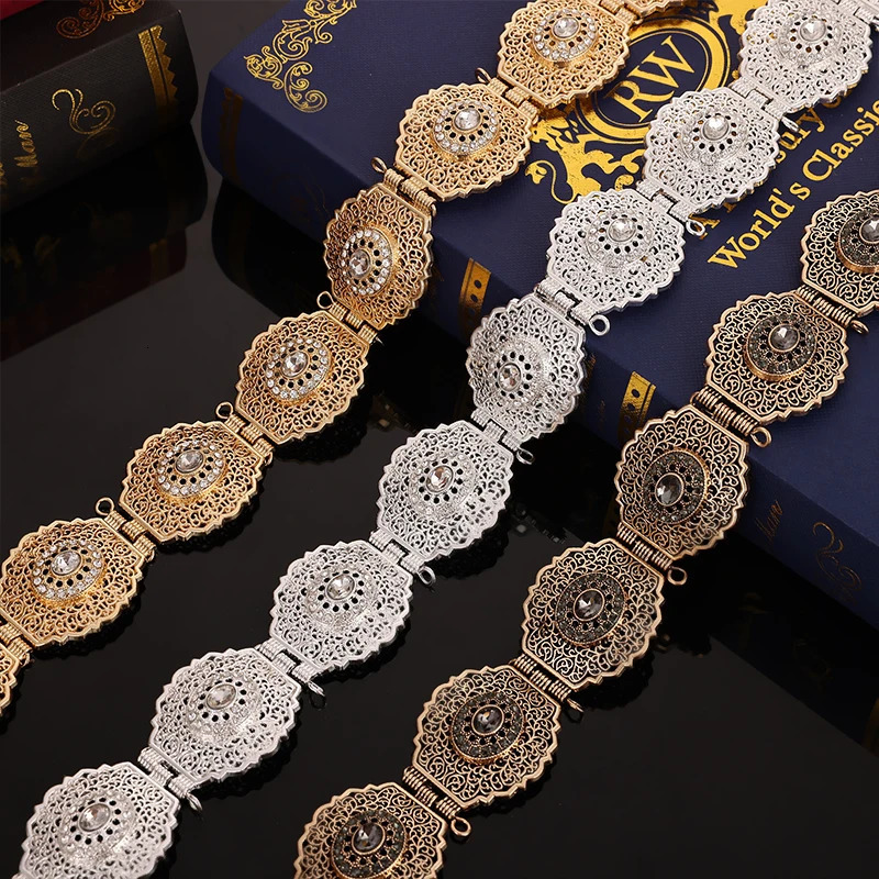 Moroccan chic Caftan Rhinestone with hollow floral gold waist chain Arabic body jewelry 241019