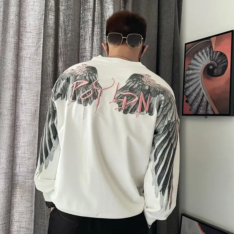 Y2k Pullover Harajuku Hip Hop Sweatshirt Loose Long Sleeve Mens Top Oversized Wings Printed Jacket Cotton Street Wear Mens 241019
