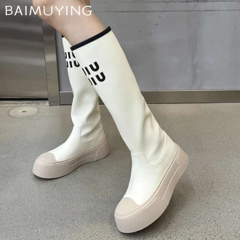 Platform Women Knee High Boots Flats Fashion Winter Leather Shoes Woman 2024 Trend New Goth Casual Snow Botas De Mujer