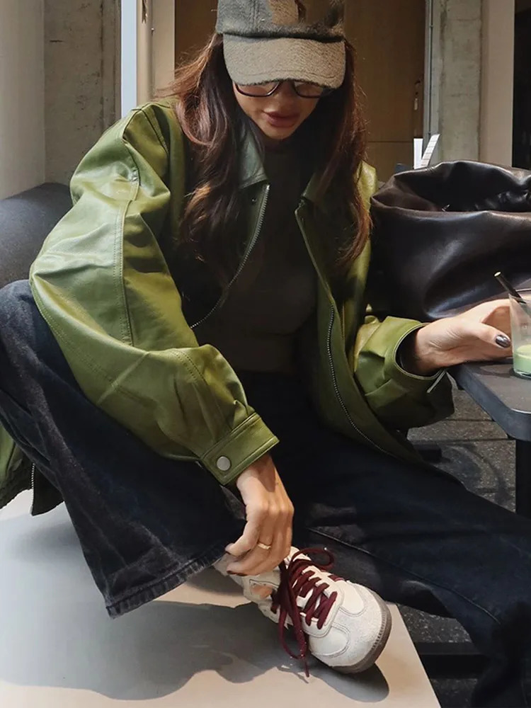 Fashion collar green Pu leather short sleeved jacket for women motorcycle button long sleeved jacket for women autumn office uniform 241019
